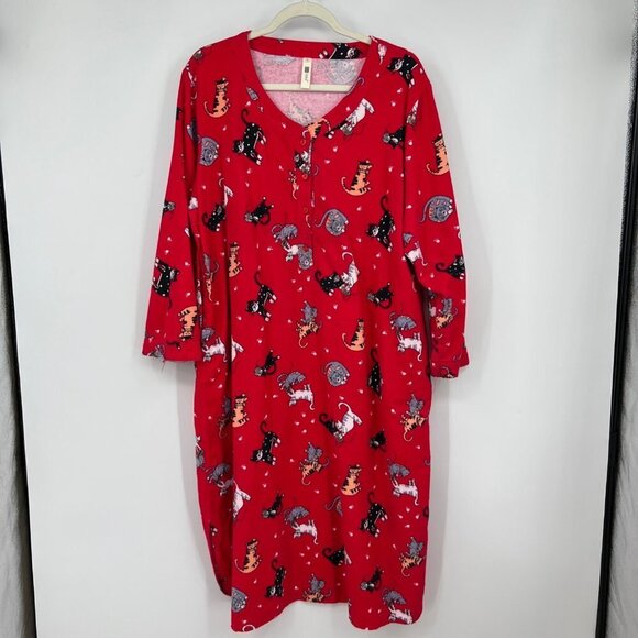 LA CERA Other - LA CERA Cat Flannel Night Gown Shirt Red Cotton Button Winter Women’s Size Large